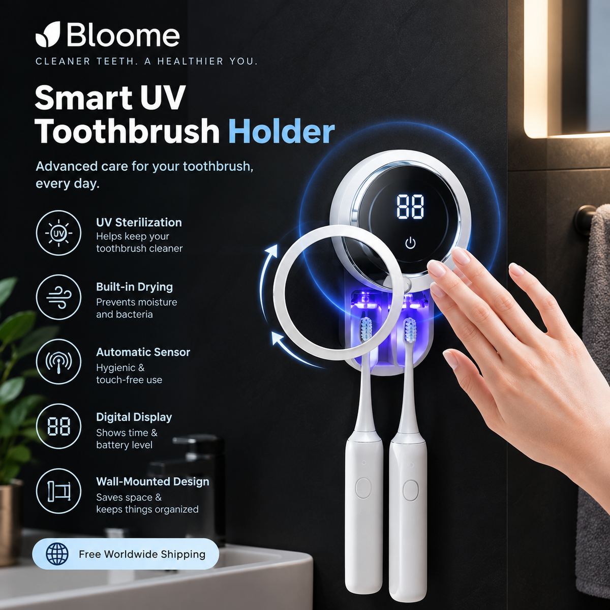 Automatic Wall-Mounted Toothbrush Holder with Digital Display